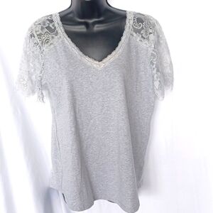 Mazak Summer Scalloped Lace Short Sleeve V Neck T Shirt Women’s Size M Gray